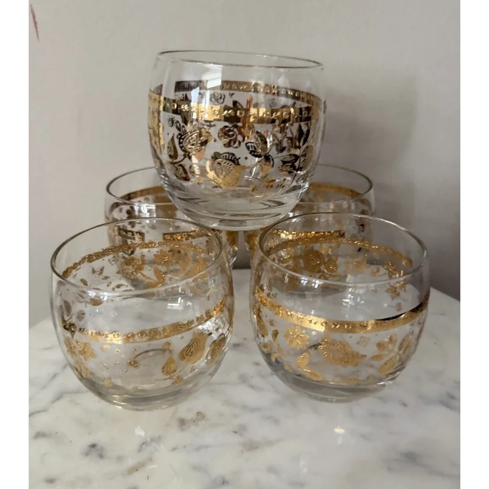 Vintage Culver Chantilly Roly Poly Glasses Mid Century Gold Floral Barware Set 5